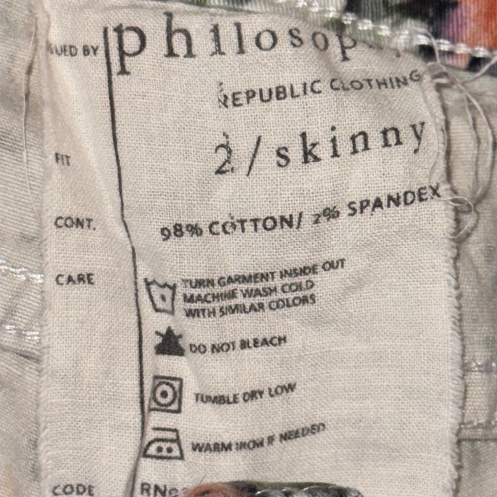 Philosophy Republic Clothing Skinny jeans Pants brush geo Floral Design Sz 2 - Picture 6 of 6